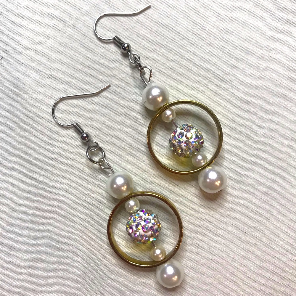 Handmade White Pearl & Rhinestones Golden Sphere Halo 925 Silver Drop Earrings